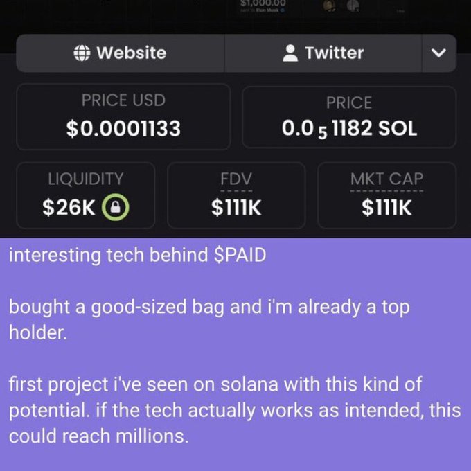 A crypto token page shows $PAID with a price of $0.0001133 USD and 0.0₅1182 SOL, along with stats including $26K liquidity, $111K FDV, and $111K market cap, accompanied by promotional text.
