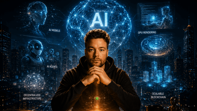 The image features a man with his hands crossed over his chest, wearing a black hoodie. The background includes various city scenes and icons related to AI and cryptocurrency. The caption for the image reads "Let's get the most obvious out of the way, and that is clearly AI and AI Agents. AI has taken over every industry, and crypto is no exception".