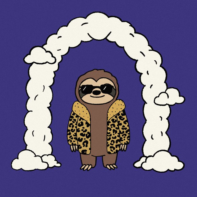 A cartoon illustration of a sloth wearing sunglasses and a leopard print jacket, standing beneath a white cloud archway against a purple background.