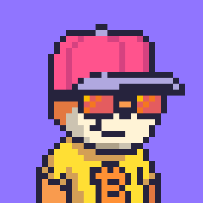 Pixel art portrait of a character wearing a pink baseball cap and yellow shirt featuring the Chinese character '龍' (dragon), set against a purple background.