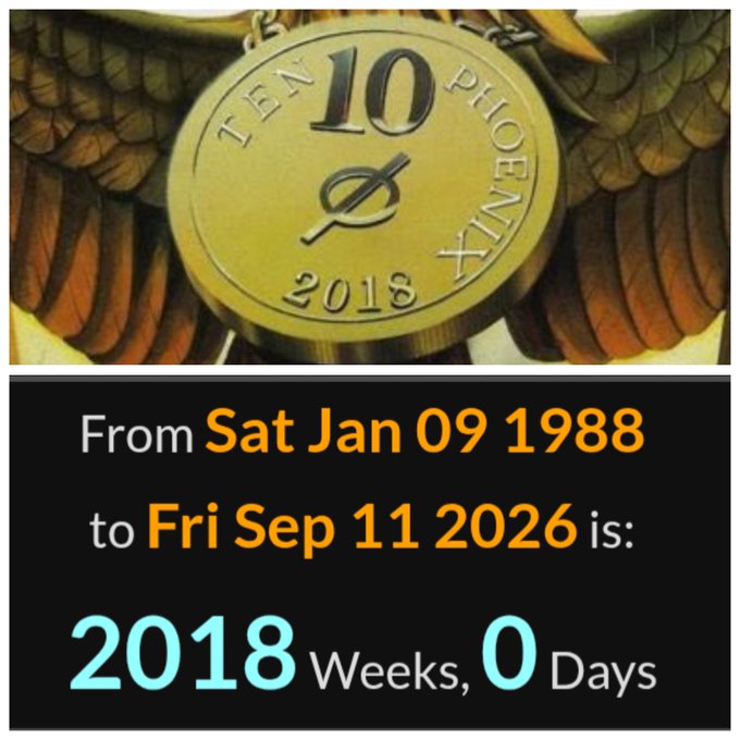 The image features a "Ten Phoenix" 2018 coin set against angel wings, above a calculator result showing the date range from Sat Jan 09 1988 to Fri Sep 11 2026 equals 2018 weeks and 0 days.

The post's "Wtffff" reaction fits the eerie coincidence: the Phoenix coin minted in 2018 is paired with a calculation showing 2018 weeks, alongside the ominous date 9/11 in 2026—a haunting numeric alignment.