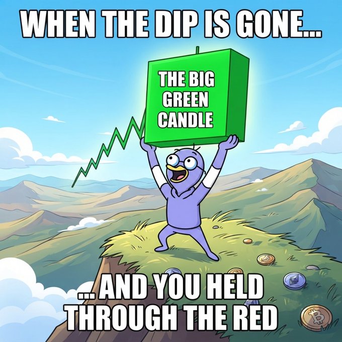 A cartoon meme showing a purple character on a mountain holding up a green box labeled "THE BIG GREEN CANDLE" with text reading "WHEN THE DIP IS GONE... ...AND YOU HELD THROUGH THE RED".