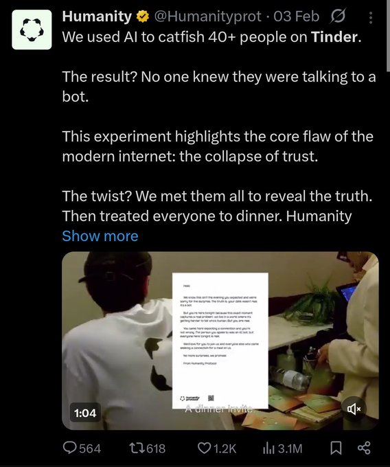 A post related to Twitter shows that a company has launched a huge marketing campaign, with the hashtag "#HumanityProtocol" used by @humanityprot. A screenshot of the text can be seen below the images, which seems to explain something about the recent events surrounding this campaign and its impact on social media platforms like Twitter. The post mentions an experiment that led to a massive decline in social media users, stating "The twist? We met them all to reveal the truth". This phrase is likely a quote or part of the explanation behind the current situation with the company's hashtag.