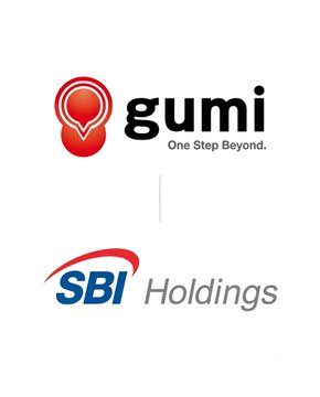 The image displays the logos of "gumi" (with the tagline "One Step Beyond.") and "SBI Holdings," relating to the news about gumi, a Japanese listed company, reorganizing 14.1 billion yen worth of crypto assets centered on XRP, with SBI as a major shareholder behind the move.
