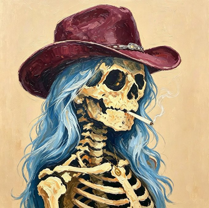 A painted artwork of a skeleton with long blue hair, wearing a maroon cowboy hat and smoking a cigarette.