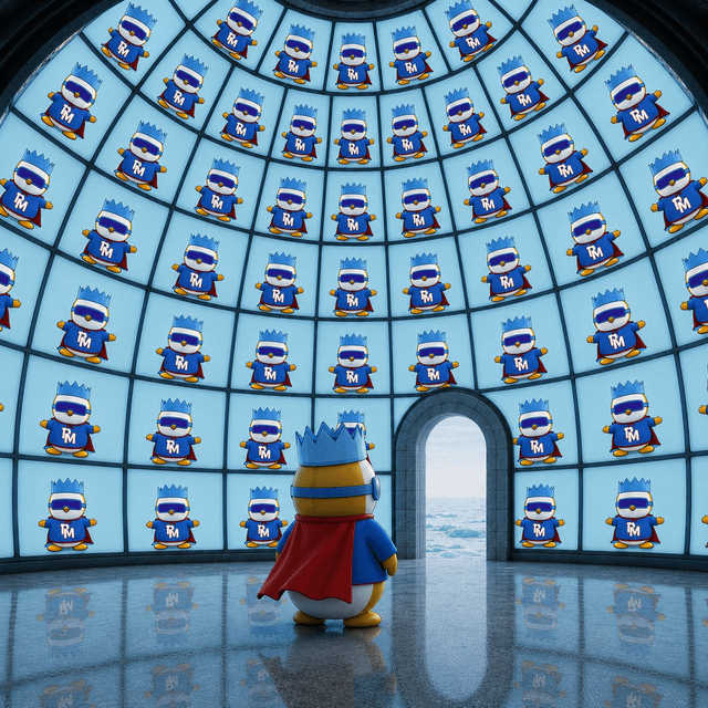 The image features a cartoon penguin standing alone inside an empty room with blue walls. The penguin has a red cape and a blue shirt, giving it a unique appearance. In the background, there are numerous other cartoon penguins of various sizes and colors scattered throughout the room, creating a sense of depth and dimension to the scene.

The post that accompanies this image is titled "Started with $PENGU, now they own my timeline!". This phrase suggests that the image was taken or created by someone named $PENGU, who has gained significant attention for their work in the cartoon world. The penguin standing alone in the room adds a touch of whimsy and humor to the post, making it an interesting read for those interested in both cartoons and the online community surrounding them.