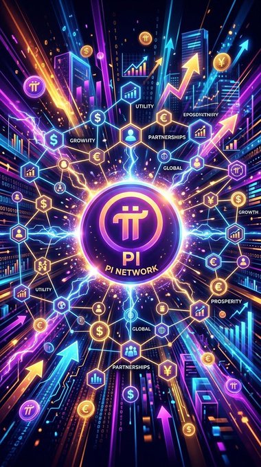 A vibrant digital graphic for 'Pi NETWORK' featuring a central logo surrounded by cryptocurrency symbols, growth charts, and keywords like 'UTILITY', 'GROWTH', and 'PARTNERSHIPS'.
