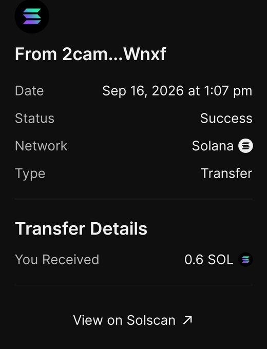A Phantom wallet transaction confirmation showing a successful transfer of 0.6 SOL on the Solana network on Sep 16, 2026.