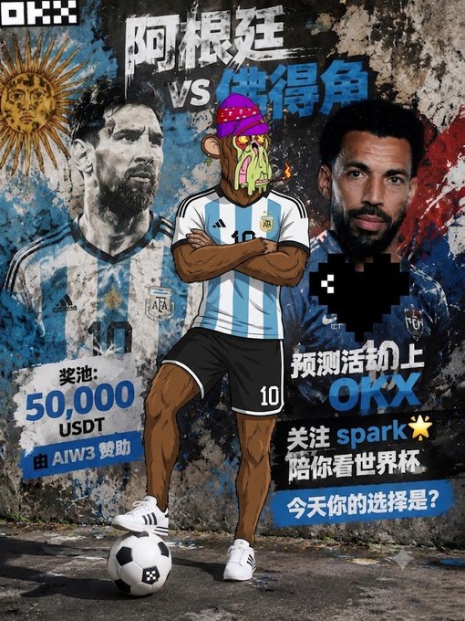 An OKX promotional poster in Chinese for a World Cup prediction contest featuring Argentina vs (Cthulhu figure replacing 'Spain'), with Messi imagery and a prize pool of 50,000 USDT sponsored by AIW3.