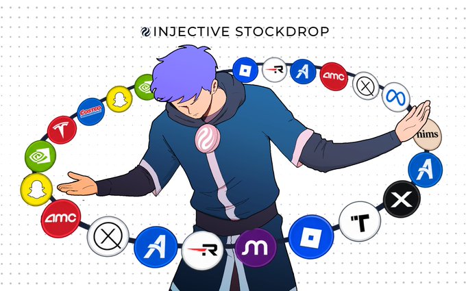 A promotional graphic for 'INJECTIVE STOCKDROP' featuring an anime-style character with purple hair in a blue outfit surrounded by a circular arrangement of cryptocurrency and tech company logos including Tesla, Coinbase, NVIDIA, AMC, and others.