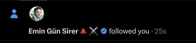 A social media notification showing 'Emin Gün Sirer followed you • 25s' with verified and crossed-swords badges.