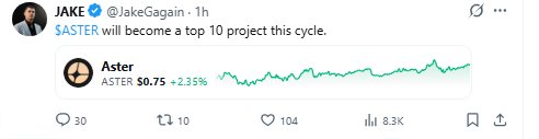 A tweet from JAKE (@JakeGagain) stating 'SASTER will become a top 10 project this cycle,' showing a quote of the Aster (ASTER) token at $0.75 with a 2.35% increase.