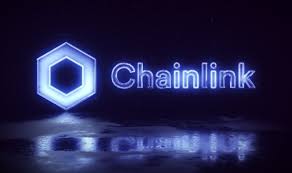 The image shows the Chainlink logo and name in glowing blue neon-style lettering against a dark reflective background, with the reflection of the text visible below. The visual branding aligns with the post about Chainlink's partnership with 47 banks across Europe and South Korea to develop an instant cross-border payment system, emphasizing the $LINK token's role in this initiative.