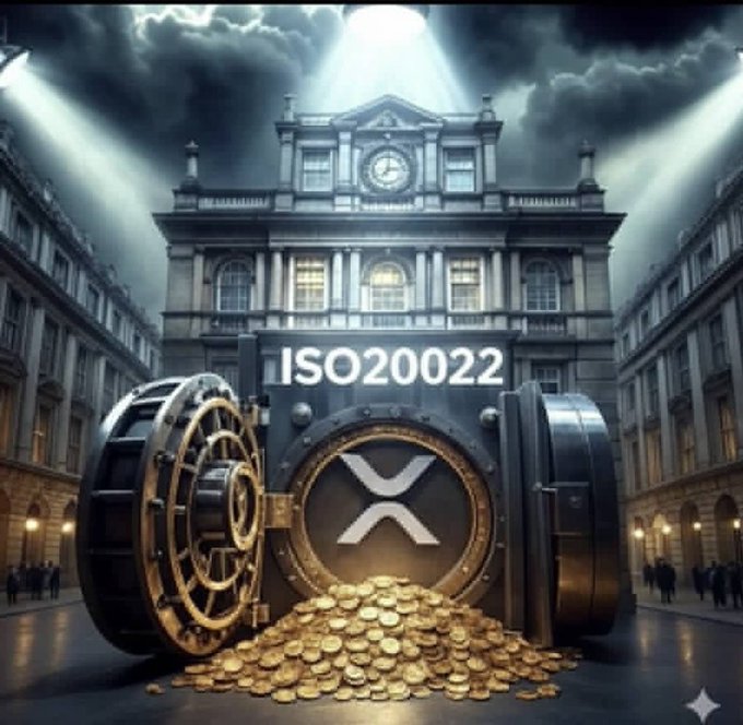 A grand vintage bank vault door stands open in front of a classical building with a clock tower, with the XRP cryptocurrency logo displayed prominently on the vault and 'ISO20022' text above it.