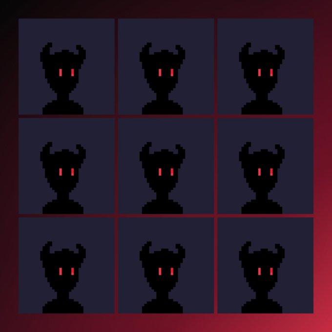 3x3 grid of identical pixel-art black demon icons with glowing red eyes set against dark blue squares with dark red grid lines.
