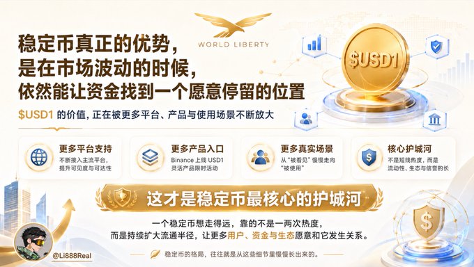 The image features a poster for a stablecoin called @worldLibertyFi. The poster includes a gold coin with the text "SUD1" written on it, which represents the stablecoin's name. The poster also displays various icons related to stability coins and financial services, such as a shield symbolizing protection from market fluctuations and a dollar sign indicating the currency used in the stablecoins. The image is accompanied by a caption that reads: "The real advantage of stablecoins is that during market fluctuations, they can still provide a place where funds are willing to stay."