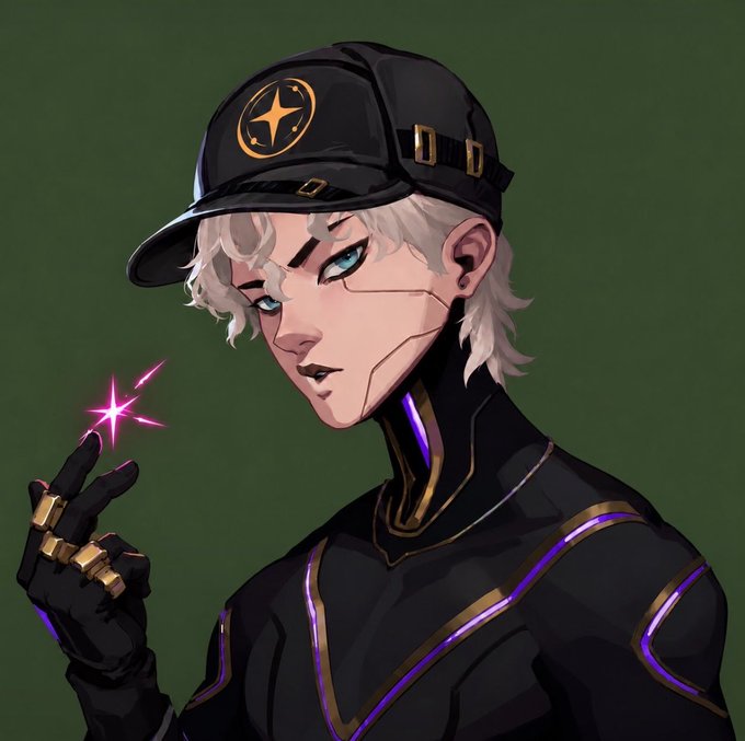 An anime-style illustration of a character with short white hair and blue eyes, wearing a black cap with a gold star emblem and a black outfit with gold and purple accents, holding up a finger emitting a pink sparkle against a green background.
