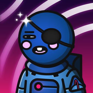 Cartoon illustration of a blue round character wearing an eyepatch and a blue space suit, set against a swirling purple background with sparkle effects.