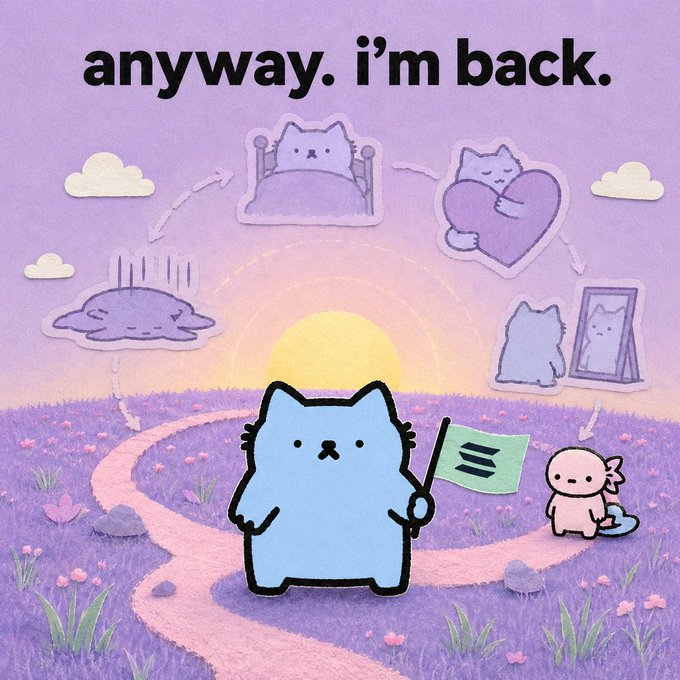 Illustration of a blue cat holding a green flag in a lavender field with text 'anyway. i'm back.', surrounded by a circular flow of cat-themed activities like sleeping, hugging a heart, and looking in a mirror.