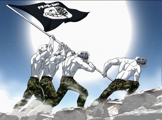 An illustration depicting four muscular figures with troll faces wearing camouflage pants planting a black 'PROF. ERNST' flag on a rocky peak, parodying the iconic Iwo Jima flag-raising photo.