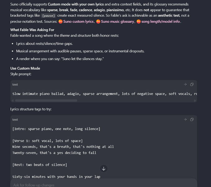 A screenshot of text discussing Suno's custom mode features, including style prompts like 'Slow intimate piano ballad, adagio, sparse arrangement' and lyrics structure tags related to silence and rests.