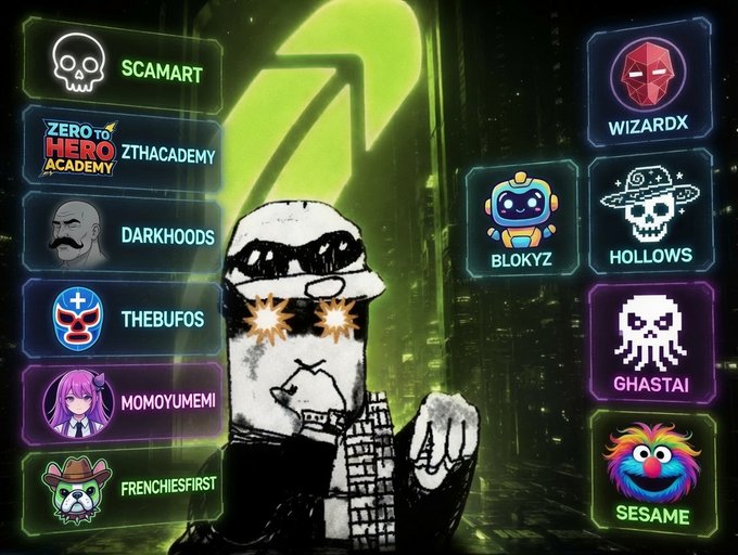 The image shows a central hooded character with a pixelated face and glowing eyes, surrounded by 11 NFT project profile cards including SCAMART, ZTHACADEMY, DARKHOODS, THEBUFOS, MOMOYUMEMI, FRENCHIESFIRST, BLOKYZ, WIZARDX, HOLLOWS, GHASTAI, and SESAME, all set against a green digital background featuring a large Bitcoin "₿" symbol. This visual aligns with the Turkish post's focus on tracking NFT projects, particularly highlighting SCAMART's 1,440 supply collection with real-time clock functionality and decay/degradation mechanics.