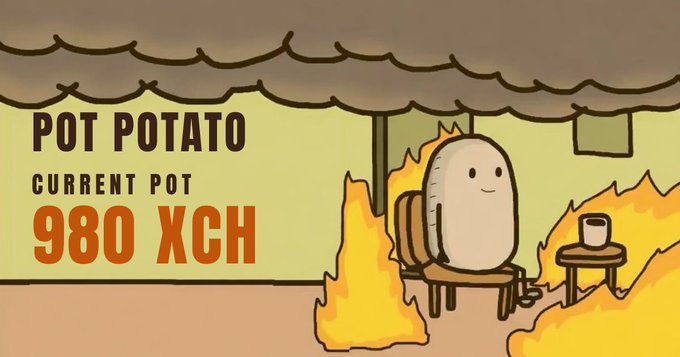 An illustrated graphic of a cartoon potato character sitting by a fireplace with the text 'POT POTATO CURRENT POT 980 XCH'.