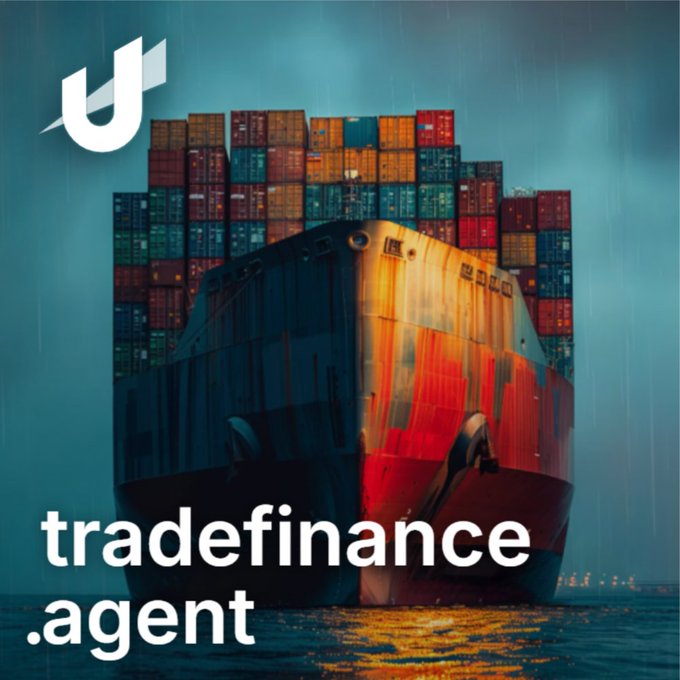 A promotional graphic featuring a large container ship loaded with shipping containers on water, with the text 'tradefinance.agent' and a stylized logo in the corner.