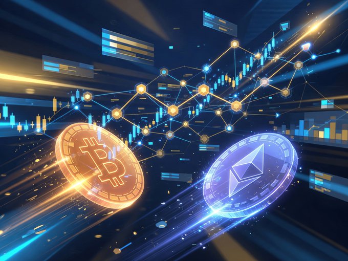 A vibrant digital illustration showcasing Bitcoin and Ethereum coins floating amid glowing blockchain networks, candlestick charts, and data visualizations against a dark blue background.