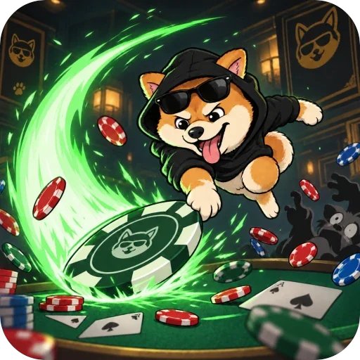A cartoon illustration of a Shiba Inu dog wearing a black hoodie and sunglasses jumping dynamically over a green poker table, surrounded by scattered playing cards, casino chips, and a glowing green Doge coin, with dog silhouettes in the background.