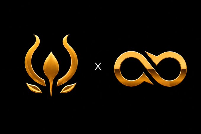 A black background displays two golden symbols separated by an 'x' — a stylized flame/lotus emblem on the left and an infinity-like symbol on the right.