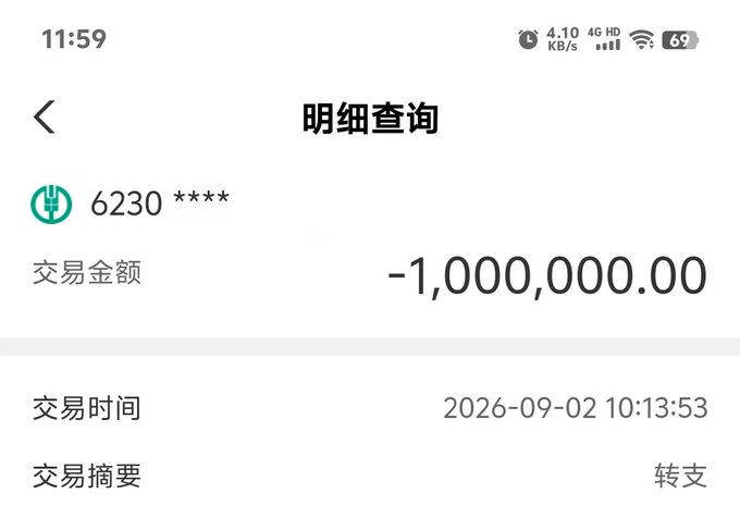 A screenshot of a transaction detail showing an account number '6230' with a transfer of '-1,000,000.00' on 2026-09-02, with Chinese text '明细查询' and '交易金额'.