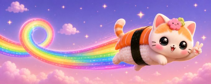 Cute cartoon cat dressed as sushi flying along a rainbow trail.