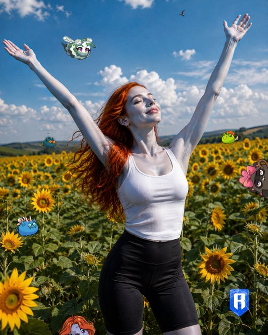 An image of a woman with long red hair, wearing a white tank top and black shorts, standing with her arms raised in a sunflower field under a blue sky, surrounded by various cartoon stickers/elements.