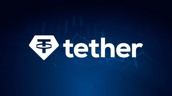 The Tether logo is displayed against a dark blue background with a subtle line graph, representing the cryptocurrency company whose significant gold reserves (146 tons) and Bitcoin purchases are highlighted in the accompanying post.