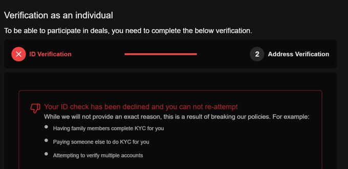 A verification screen showing an individual KYC process with a red error message stating 'Your ID check has been declined and you can not re-attempt,' listing policy violations like having family complete KYC or verifying multiple accounts.