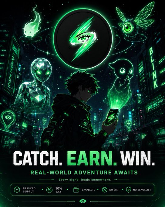 The image features an advertisement for a game called "catch, Earn, Win". The poster has a dark green background with neon green elements that make it stand out. There are two main characters depicted in the poster - one person holding a cell phone and another person wearing a backpack. They appear to be engaged in some sort of adventure or activity related to the game.

The text on the poster promotes the idea of real-world adventure awaits, encouraging players to participate in the game and experience its unique features. The overall design and color scheme create an immersive gaming atmosphere that captures the attention of potential players.