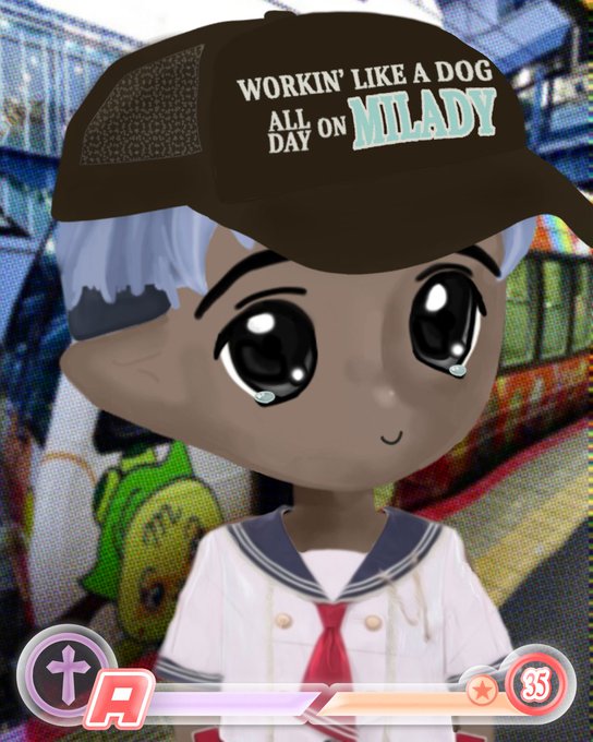 A chibi-style character wearing a black cap that says 'WORKIN' LIKE A DOG ALL ON MILADY' along with a sailor outfit, in what appears to be a VR game interface.