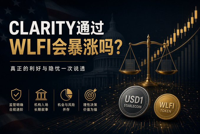 A promotional graphic with Chinese text asking 'CLARITY通过 WLFI会暴涨吗?' (Will CLARITY through WLFI skyrocket?) featuring a balance scale, the US Capitol, and coins for USD1 Stablecoin and WLFI Token.