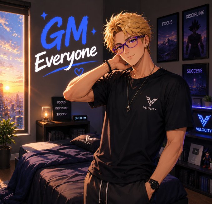 Anime-style illustration of a blonde man with glasses in a 'VELOCITY' t-shirt in a bedroom with 'GM Everyone' text and motivational posters reading 'FOCUS', 'DISCIPLINE', and 'SUCCESS'.