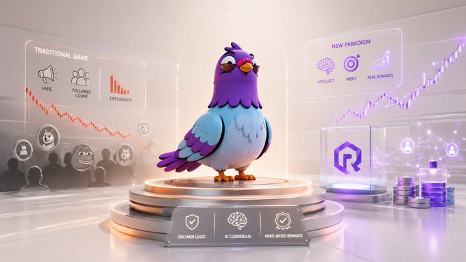 A purple and teal bird stands on a pedestal between two contrasting displays: a "TRADITIONAL GAME" chart showing declining "HYPE," "FOLLOWER COUNT," and "EXIT LIQUIDITY," versus a "NEW PARADIGM" chart rising toward "INTELLECT," "MERIT," and "REAL REWARDS," with on-chain logic, AI consensus, and merit-based rewards highlighted below. The image visually contrasts the failing hype-driven memecoin cycle with a smarter, fundamentals-based approach, illustrating the post's message that retail traders lose by chasing loud trends rather than merit-based value.