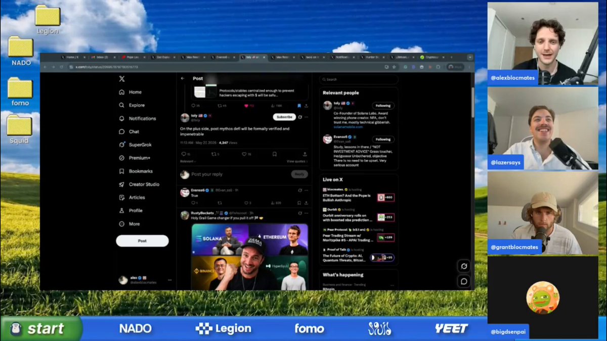The image shows a computer screen displaying a chat window with three people participating in a video call. The participants are sitting in front of a green field, which adds a natural element to their conversation. One person is wearing a hat while they engage in discussion. The chat window has a blue background and white text that reads "i get what Grant says but TVL is not complete nonsense It is inflated and looping makes it inaccurate As does native gas token on chain that derive their value from USD minted there. BUT an example of TVL that does matter is USDC minted into a chain, and put to lend/lp vs". The image also includes a small gold medal in the bottom right corner, possibly indicating an award or recognition for someone's work related to cryptocurrency or video conferencing technology.