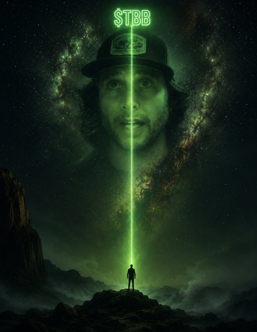 A dark, atmospheric digital artwork featuring a man's face emerging from a green starry galaxy wearing a cap with 'SAM'S TOWN' visible, with a neon '$TBB' sign above and a silhouetted figure standing on a rocky landscape below.