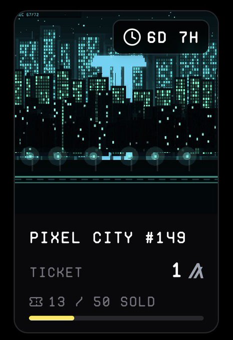 A pixel art interface titled 'PIXEL CITY #149' showing a dark cyberpunk cityscape at night, with a countdown timer of 6D 7H, a ticket price of 1, and 13/50 sold.