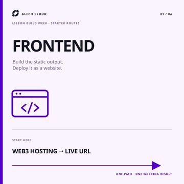 An Aleph Cloud onboarding screen titled 'FRONTEND' showing lesson 01/04 about building static output and deploying as a website, with a 'WEB3 HOSTING → LIVE URL' start section.