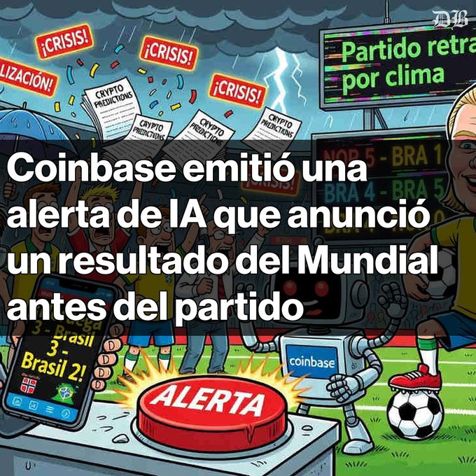 Cartoon-style crypto news graphic in Spanish with headline 'Coinbase emitió una alerta de IA que anunció un resultado del Mundial antes del partido,' depicting fans, a robot, a red ALERTA button, and text references to '¡CRISIS!', 'CRYPTO PREDICTIONS,' and 'Partido retra[sa]do por clima.'