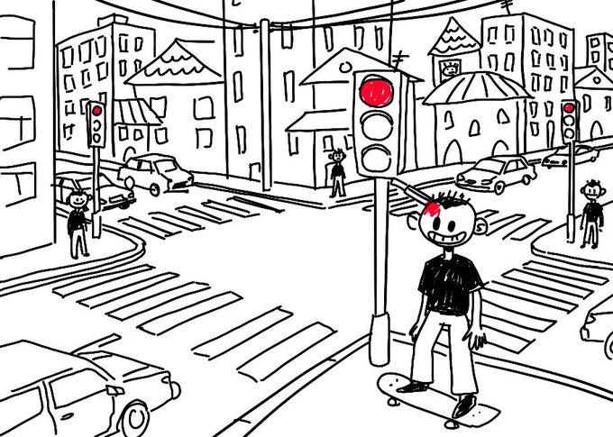 A hand-drawn cartoon illustration depicting a skateboarder crossing a city street at a red traffic light, with pedestrians and cars in the background.