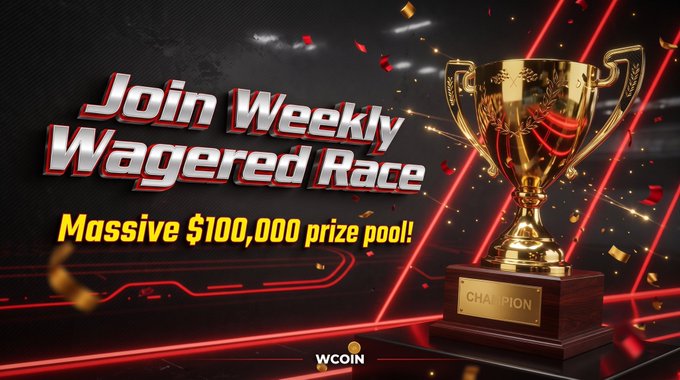 A promotional banner for a 'WCOIN' 'Weekly Wagered Race' with a massive $100,000 prize pool, featuring a golden champion trophy against a dark background with red accents.