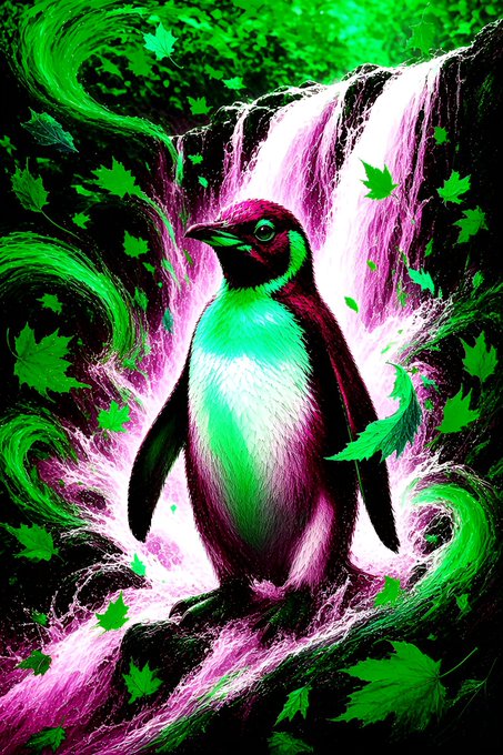 Vibrant digital illustration of a penguin rendered in neon pink and green tones, standing in front of a stylized waterfall surrounded by green maple leaves.