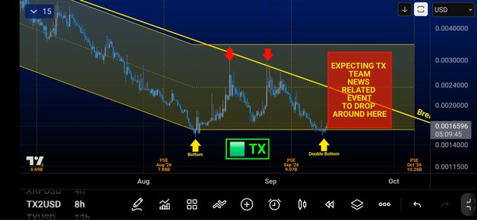 A cryptocurrency chart for XRP/USD displayed on TradingView features technical analysis annotations, including a descending channel, 'Bottom', 'Double Bottom', and a red note reading 'EXPECTING TX TEAM NEWS RELATED EVENT TO DROP AROUND HERE' with a green 'TX' logo.